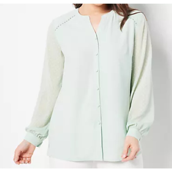 Isaac Mizrahi Live QVC Sz 16 Split V-Neck Blouse Sheer Puff Sleeves Mint Green - Picture 13 of 13